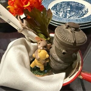 Vintage Red Enamel Pot with Figurine and Flowers
